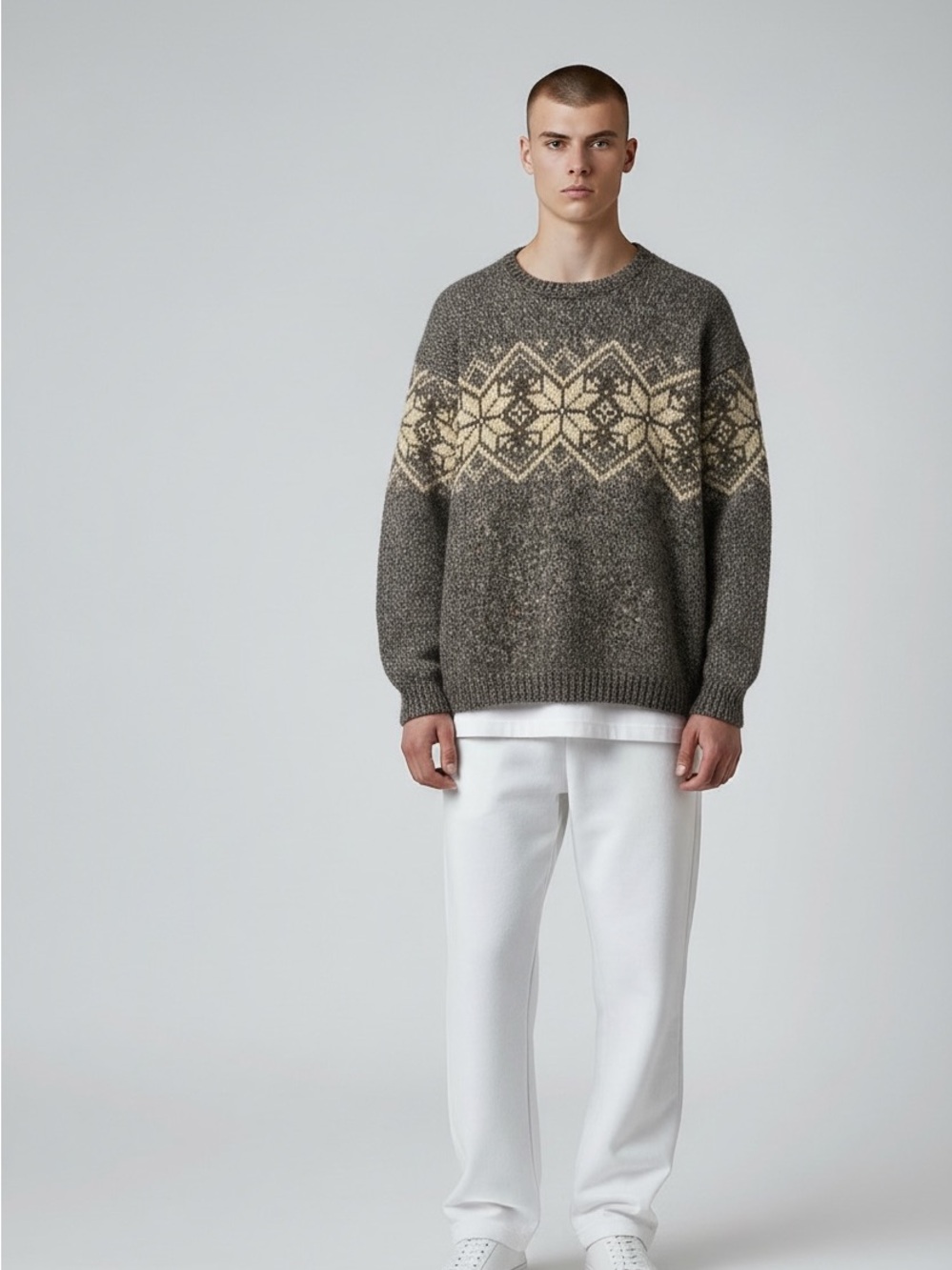 Abercrombie & Fitch Gray Crewneck Sweater with Cream Fair Isle